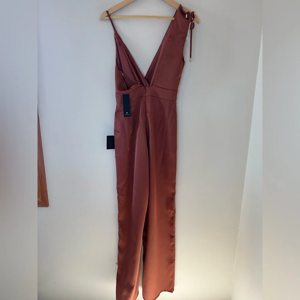 Lulu’s Look of Luxe Rusty Rose Satin Asymmetrical Wide-Leg Jumpsuit - Si… - Picture 9 of 10
